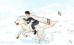 Акамару и Киба бегут по снегу